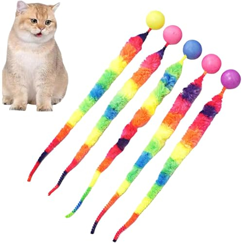 Poupangke Hüpfball mit Schwanz, Katzenspielzeug, interaktiver Katzenball mit Schwanz, Bunte Fuzzy-Wurm-Hüpfbälle Katzenspielzeug, Katzenspielzeug für Hauskatzen, interaktive Katzenbälle gegen
