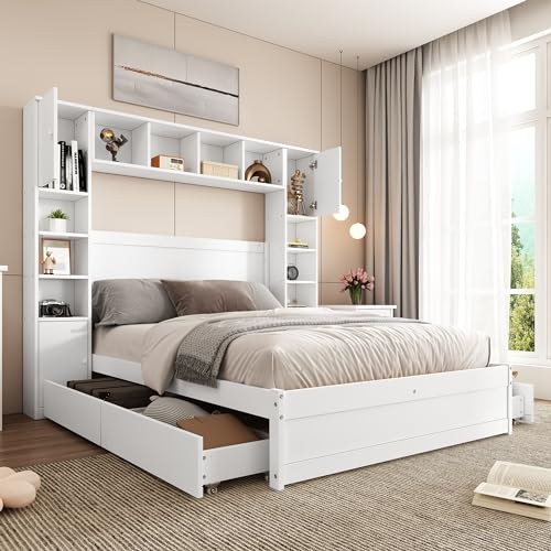 MQLAE Kinderbett Doppelbett 140x200, Funktionsbett Stauraumbett mit Mehreren Ablagefach&Schrank&4 Schubladen, Bettgestell mit Lattenrost, Jugendbett, Familienbett, Holzbett, Massivholz, Bett Weiß