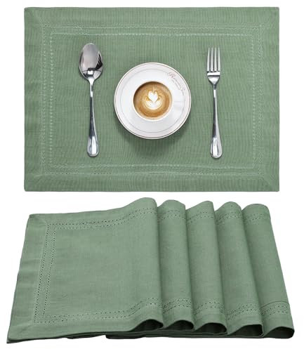 JEMIDI 6er Set Tischset mit Hohlsaum - 6 Tischsets aus Baumwolle - 6X Platzdeckchen Platzset aus Leinenoptik Stoff - Tisch Sets Platzsets Placemats - Grün