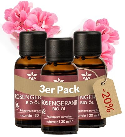 Heldengrün® BIO Rosengeranienöl [100% NATURREIN] - Echter Rosenduft - Blumig & elegant - Geranienöl Bio - Ätherisches Öl Bio - Rosenöl Geranium - 3 x 30 ml