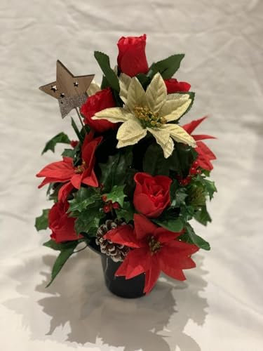 Silky Bouquets Grave Pot Christmas Grave Flower Arrangement, Red Roses and Poinsettia