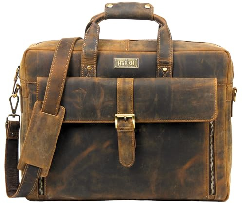 HULSH Genuine Leather Briefcase for Men 17 Inches Computer Bag | Business and Office Messenger Satchel Work Briefcase, Dark Brown
