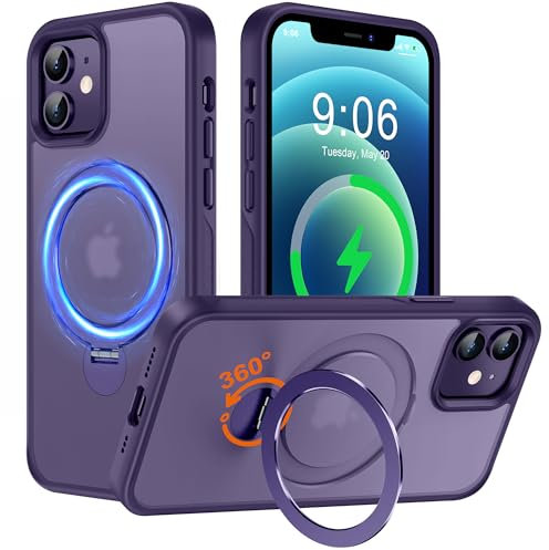 Derwav Multi-in-1 [Magnetic+ Kickstand+ Ring Holder] for iPhone 12/12 Pro Case, Compatible with MagSafe, 360° Rotatable Stand with Military Shockproof Silicone Frame Protection Magnetic Cover, Purple