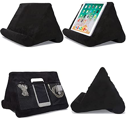 Soporte de almohada para tableta, soporte para teléfono, almohada de lectura, ángulo ajustable, soporte para tabletas con bolsillos de malla para tabletas, smartphones, libros, revistas, lectura en la