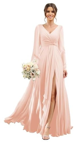 ChicFash Chiffon Bridesmaid Dresses 2024 for Women with Slit V Neck Long Sleeve Flowy Formal Dresses with Pockets Blush Pink