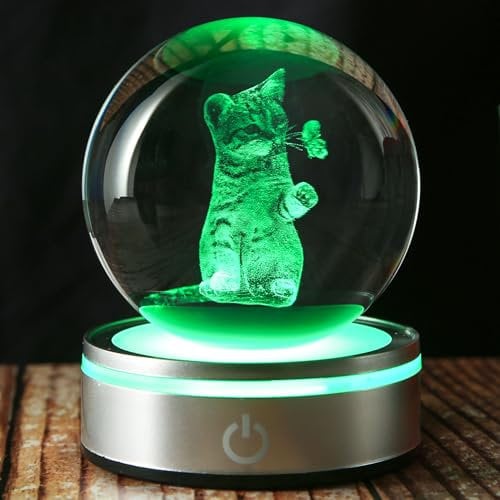 Goutangen 3D-Katzenliebhaber-Geschenke für Frauen, Kristallkugel, Katzenfigur mit Lampe für Heimdekoration, Schneekugeln, Katzen-Thema, Geschenke für Katzenliebhaber, Mädchen zu Weihnachten
