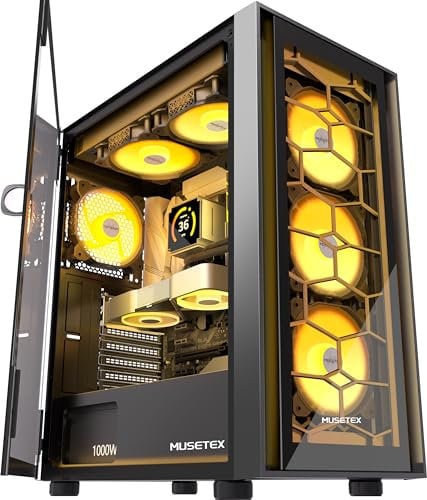 MUSETEX Alloggiamento per PC ATX, 6 PWM ARGB ventola preinstallata ATX, alloggiamento per computer con porta in vetro duro apribile, Mid Tower Gaming PC, USB 3.0 x 2, nero, G07
