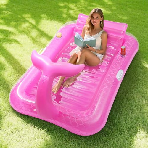 MoKo Aufblasbar Meerjungfrau Solarium Pool Luftmatratze, 182 x 120 cm Groß Solarium Pool Wasserhängematte mit Kissen, Persönliche Sonnenbaden Pools Loungesessel für Erwachsene Hinterhof, Rosa