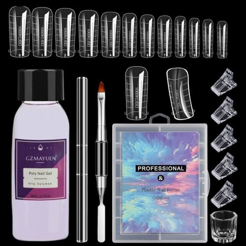 GZMAYUEN Slip Solution Nagelformen Set, 120 Stück Nagelform 30ml Slip Solution 5pcs Nagel Clip Klammer Crystal Cup, Dual-Ended Nagel Pinsel Nagelfeile für Polygel Werkzeug