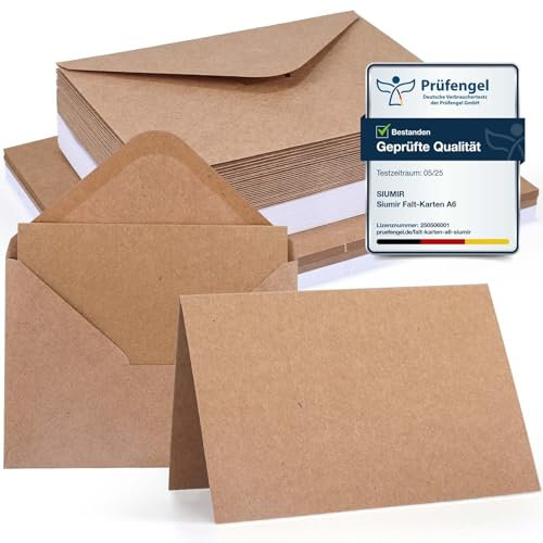 Siumir 56er Set Zwei Farben Set blanko Falt Karten A6 mit passenden C6 Briefumschlägen, Blanko Falt Karten, Weiß und Kraftbraun kreative Klappkarten zum Gestalten, Beschriften oder Bedrucken