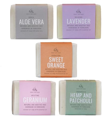 Cosy Cottage Savon énergisant à l'orange douce – Lot de 5 x 110 g | Fait à la main, sans cruauté envers les animaux et hydratant | Sans huile de palme, SLS, additif et plastique
