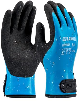 LANON Double Latex Coated Waterproof Winter Work Gloves, Blue, Medium | Thermal Insulated Heavy-Duty Gloves, Non-Slip Grip, Wrist Closure, For Freezers, Construction And Cold Weather