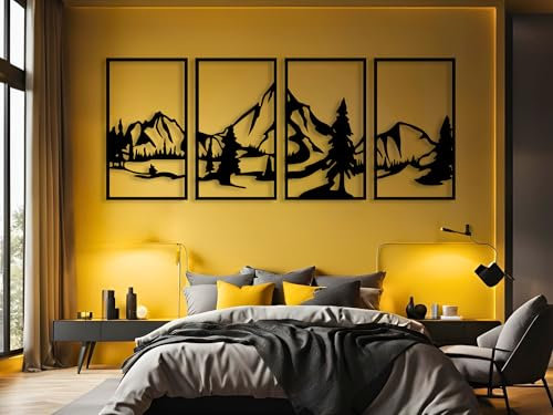 VAILLA Berge Wanddeko, Wandbild aus Holz, Wand deko in Schwarz Gold, 3D Bilder, Wandbilder Home Wall Art Dekoration, Wandaufkleber, Moderne Deko, Bilder für Zuhause Schlafzimmer, Wohnzimmer (Berge 18)
