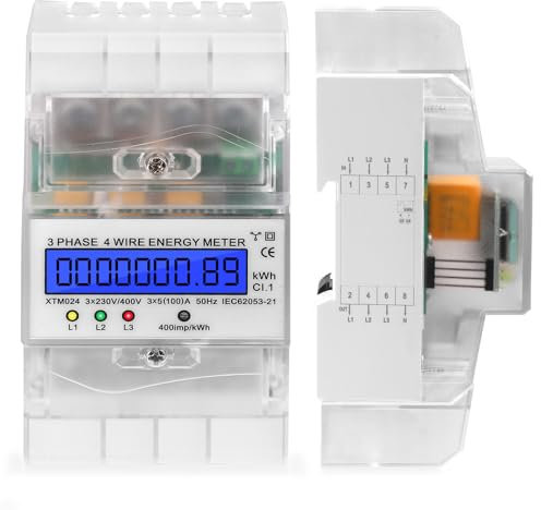 Stromzähler Hutschiene -Digitaler 3 Phasen Stromzähler, 3-Phasen 4-Draht mit LCD, Stromverbrauchsmesser, Geeichter Drehstromzähler 230/400V, 5-100 A, Hutschienenmontage, Zwischenzähler Strom
