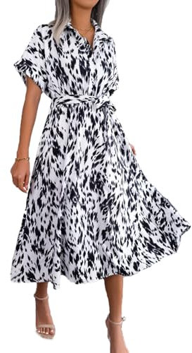 fdsmall Womens Boho Maxi Dress Summer Leopard Print Casual Short Sleeve Dress Floral Midi Tshirt Dresses (UK, Alpha, M, Regular, Regular, White)
