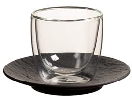 Villeroy & Boch Manufacture Rock Glow Espresso-Set, 2-teilig, Doppelwandiger Becher 60 ml mit Untertasse ø 12 cm, Hitzebeständiges Thermoglas, Borosilikatglas/Premium Porzellan, Schwarz