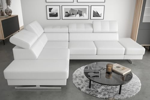 Friderik Ecksofa Emporio Ledersofa 225×300 cm verstellbare Kopfstützen Silberne Beine Leder (Weiß, Links)
