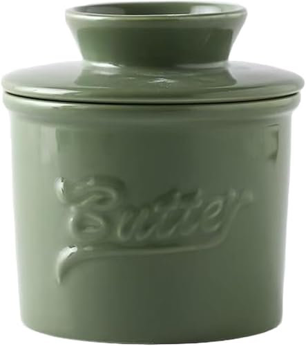 French Butter Dish with Lid, French Butter Crock for Counter with Water Line French Butter Dish for Counter (Green)