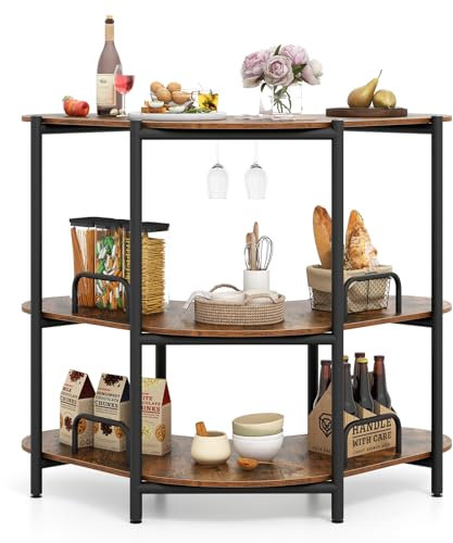 GIANTEX Unité de bar pour spiritueux, table de bar d'angle à 3 étages avec porte-verres à vin, hauteur correcte, pare-chocs en métal élevé, étagère à vin pour cuisine, salle à manger, pub (marron)