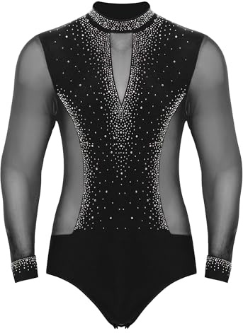 Sinleey Herren Latein Tanz Body Glitzer Gymnastikanzug Eislauf Turnanzug Langarm Kleidung Turnbody