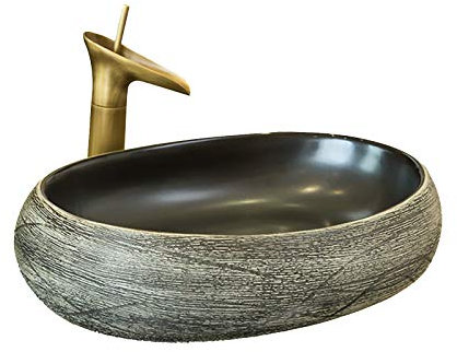 Wasserhähne Aufsatzwaschbecken Oval, Aufsatzwaschbecken und Wasserhahn-Kombination Kunstwaschbecken über der Theke, handgeschnitztes Porzellan-Keramik-Waschbecken für Waschtischunterschränke,A,Einzel