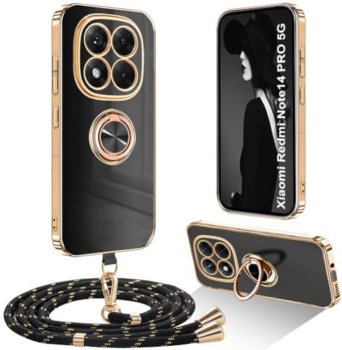 Ptny Hülle kompatibel mit Xiaomi Redmi Note 14 Pro 5G Hülle mit Band, Galvanisierte TPU Schock Mode Glitzer Handyhülle mit Ring Ständer Schutzhülle mit Kette für Xiaomi Redmi Note 14 Pro 5G Case