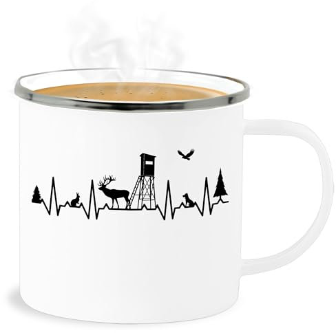 Emaille Becher Blechbecher - Tasse - Jäger Herzschlag Jagd EKG Linie Jagen I Jägergeschenk I Jagd Geschenk Jagdliebe Geschenke Jägerinnen Geschenke Jägerin - 300 ml - Weiß Silber - jagdmotiv