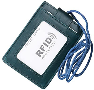 KAILIKETIY Leather RFID Travel Document Holder with Lanyard Blue Secure Badge Protector for Work Events and Travel Neck Style Design for Easy Carrying