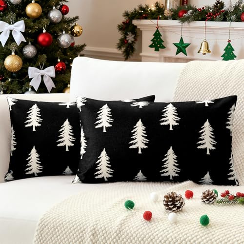 JOTOM 2er Set Weihnachten Kissenbezüge, Dekorative Weihnachtsbaum Doppelseitiges Muster Kissenbezug Moderne Kissenhüllen Dekokissen Zierkissenbezug für Wohnzimmer Garten (40x60cm, Schwarz)