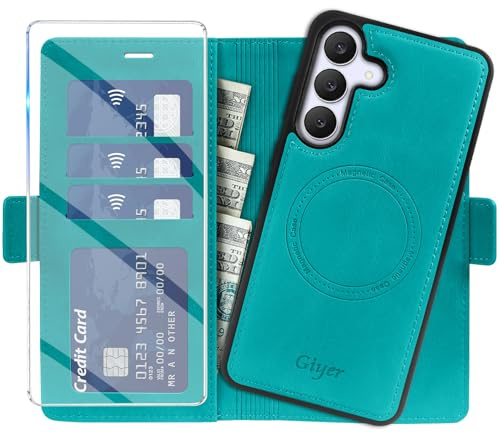 Giyer Mobile Phone Case for Samsung Galaxy S25 FE Case with Screen Protector, 2-in-1 Removable PU Leather Wallet Stand Function Card Slot Magnetic Protective Case for Samsung S25 FE Flip Case (Cyan)
