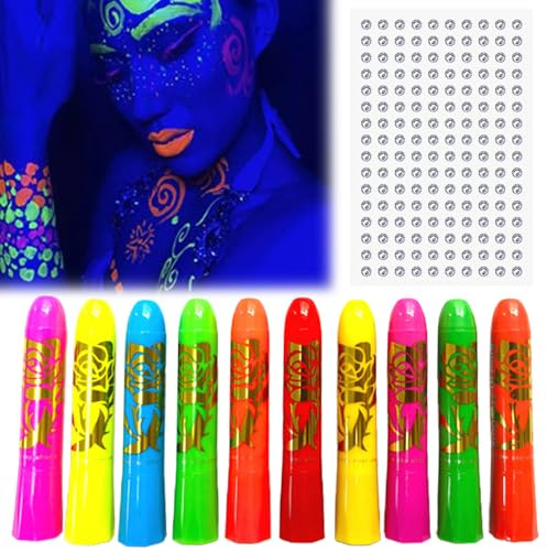 AYNKH 10 lápices fluorescentes de tatuaje que brillan bajo luz negra, color corporal seguro y no tóxico para Halloween, carnaval, maquillaje y carnaval