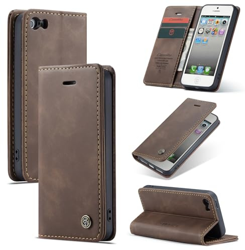 Ottcooed for iPhone SE (2016) iPhone 5 iPhone 5S Case with Card Holder Slots Kickstand Shockproof PU leather Wallet Flip Magnetic Closure Protective phone Cover for iPhone SE (2016) iPhone 5S, Coffee
