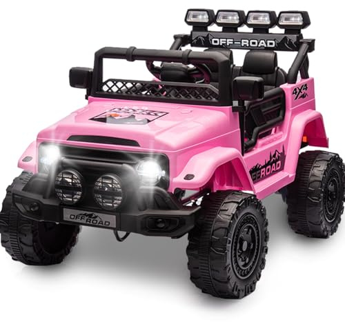 HAUSPROFI Kinder Elektroauto 12V, Offroad Quad Elektrisches Kinderauto mit Fernbedienung, LED-Licht, Musik, USB, 3-Punkt-Gurt, Elektrofahrzeug ab 3 Jahre, für Outdoor Abenteuer(Rosa)
