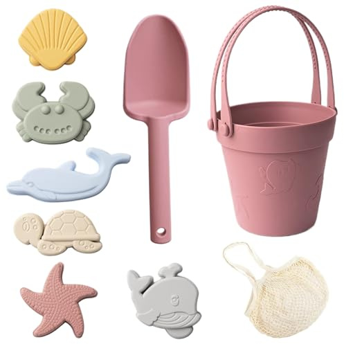 Silikon-Strandspielzeug, 8-teiliges, sicheres, ungiftiges Silikon-Sandspielzeug-Set mit Schaufel, Eimer und Formen, wasserdichter Strand für Kinder, Outdoor-Reisen, Sommer-Sandkasten-Spielen, Ziege