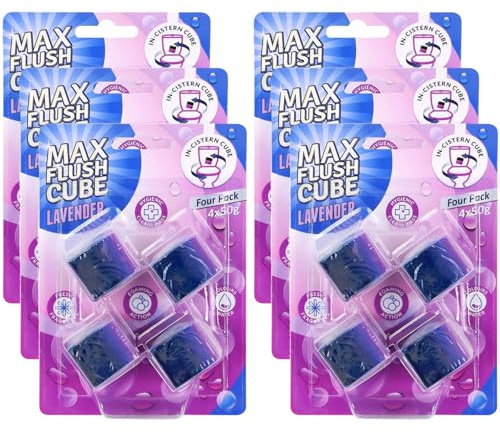 Max Flush Cube Toilet Cleaning Blocks – Lavender Fresh | 6 Pack In-Cistern Coloured Water Blocks | Powerful Foaming Toilet Cleaner & Limescale Protection | 24 Cubes Total