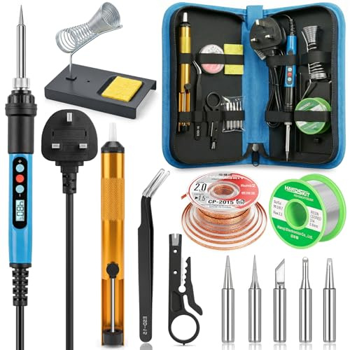 90W Soldering Iron Gun Welding Tool, Soldering Iron Kit LCD Adjustable Temperature 180-480℃, Soldering Kit with 5 Solder Tips, Solder Wire, Solder Wick, Desoldering Pump, Tweezers, Mini Wire Stripper