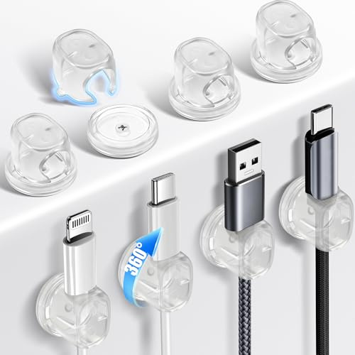8 Stück Kabelhalter Selbstklebend, Drehbare Kabel Organizer Schreibtisch | Starke Kabelclips mit Nägeln, Kabelmanagement für Büro Tisch- und Wandkabel (Transparent)