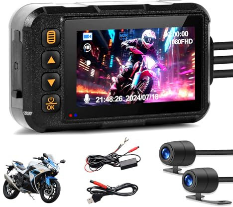 CAMECHO Moto Dash CAM Pantalla 3 Pulgadas, IP67 Impermeable, Doble Cámara Gran Angular 120 Grados, Cámara para Moto de 90 Grados con HDR, Sensor G, Grabación en Bucle