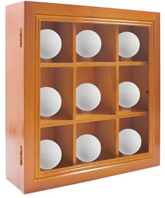 Golfball Vitrine für 9 Golfbälle Aufbewahrungsbox aus Holz mit 9 Ballhaltern Golfballhalter Wandhalterung für Bibliothek, Wohnzimmer, Büro 24 x 24 x 7 cm