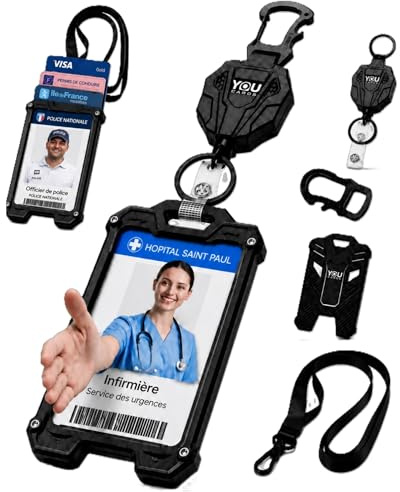 YOUCARDS Porte Badge Rétractable 3-en-1 en Composite Carbone avec Mousqueton, Tour de Cou et Enrouleur 80 cm – Protège Carte Sécurisé, Porte Carte Navigo, Porte Clef Idéal Infirmière, porte clé police