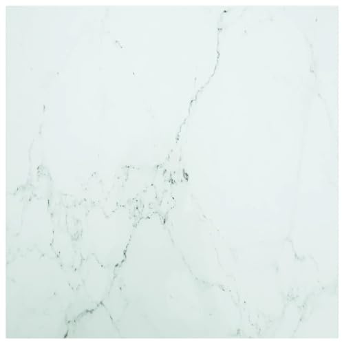 Makastle Plateau de Table Carré en Verre Trempé, Blanc avec Design Marbre, 80 x 80 cm, 6 mm d'Épaisseur, Moderne