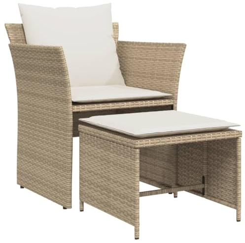 Makastle Chaise de Jardin avec Repose-Pied et Coussins en Résine Tressée et Acier Enduit de Poudre, Beige et Blanc Crème, 64 x 56 x 75 cm, 12,3 kg