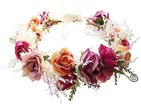 DDazzling Frauen Blume Stirnband Kranz Krone Floral Hochzeit Girlande Hochzeit Festivals Foto Requisiten (lila rosa elfenbeinfarben)