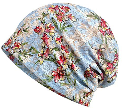 YONKOUNY Chemo Hut Damen Baumwolle Spitze Weich Slouchy Turban Beanie Hut Mütze Blumen Kopfbedeckungen Krebs Cap (Hellblau)