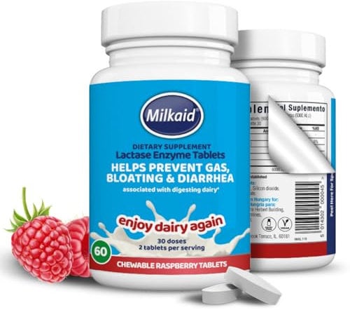 Milkaid Lactase Enzyme Chewable Tablets for Lactose Intolerance Relief | Prevents Gas, Bloating & Diarrhoea | Fast Acting Dairy Digestive Supplement | Gluten Free & Vegan | 60 tablets