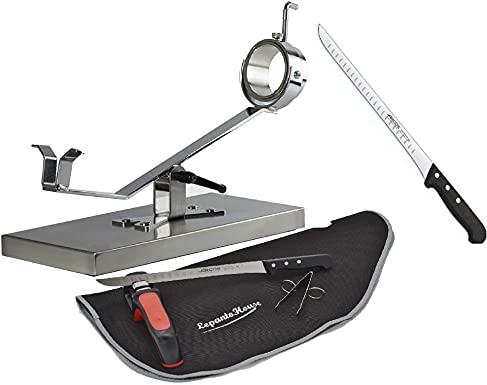 Jamonero Profesional Inoxidable Giratorio Y Basculante, jamonera Modelo Future + Set DE Corte Cuchillo Jamonero Arcos Alveolado + Afilador + Pinza + Cubre Jamon LepantoHouse