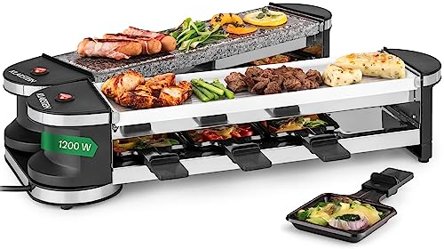Verwöhne Dich mit Zartschmelzendem, Köstlichem Käse, Klarstein Raclette-Tischgrill mit 2 Grillflächen, 8 Pfännchen und Schaber, 1200 W Raclette-Grill