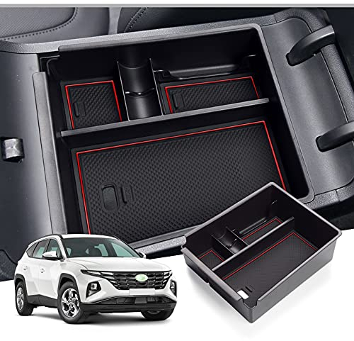GAFAT H-yundai Tucson NX4 2021 2022 2023 (Automático) Caja de Almacenamiento para Apoyabrazos, Bandeja de Reposabrazos, Consola Central Organizador Coche, Accesorios Interior del Coche(Rojo)