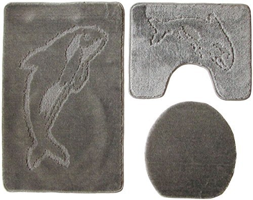 Gökyildiz Delphin Badgarnitur 3 TLG. Set 55x85 cm einfarbig, WC Vorleger mit Ausschnitt für Stand-WC (grau)
