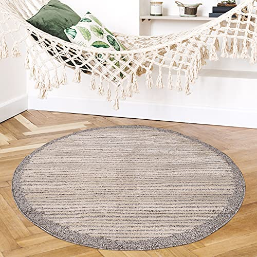 payé Teppich Rund - Braun-Beige Streifen - 200x200cm Kurzflor Modern Dekoration fürs Wohnzimmer Schlafzimmer Skandinavische Teppiche